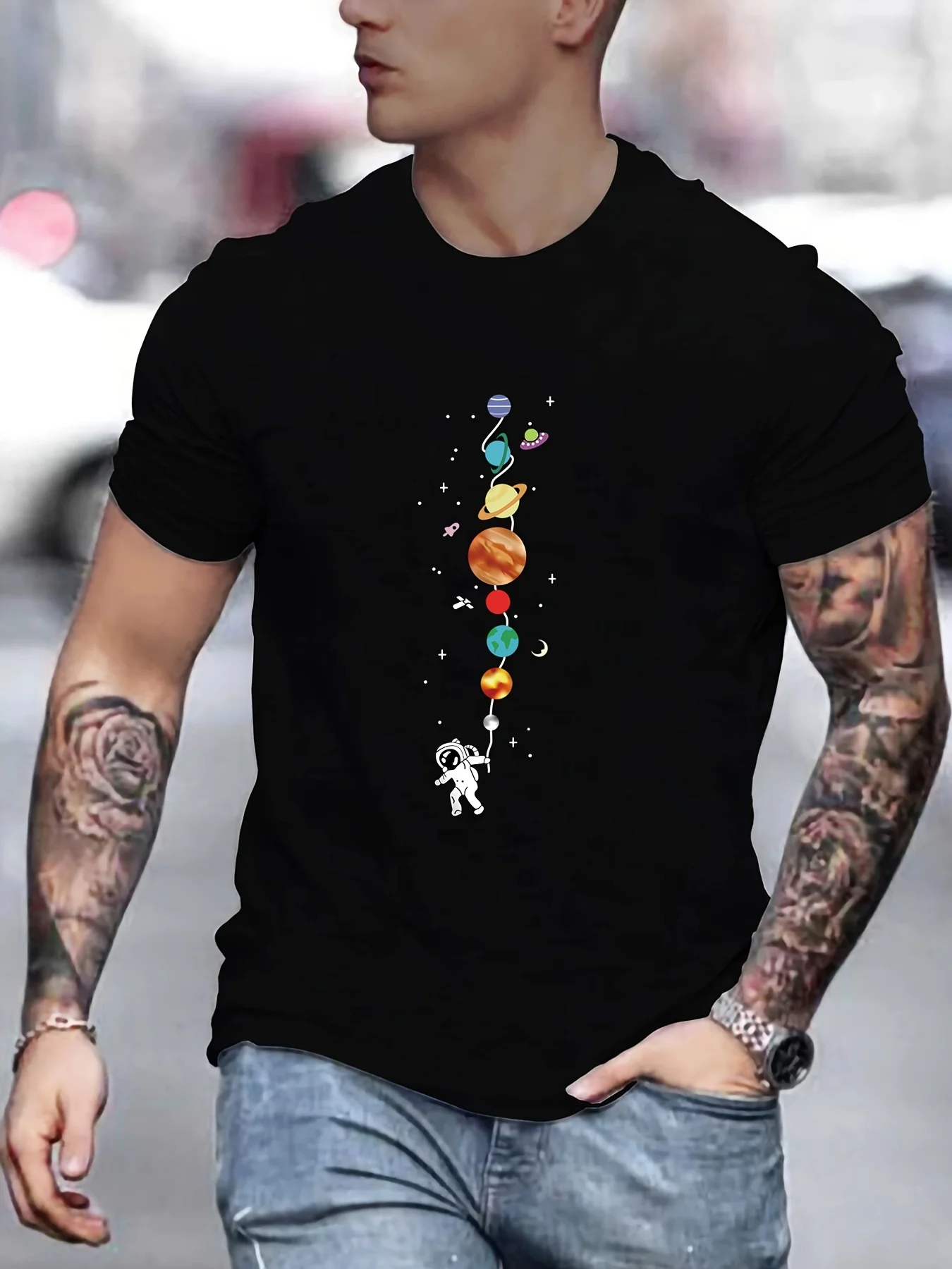 Men\'s 100% pure cotton summer loose size astronaut planet pattern print casual comfortable round neck short sleeved T-shirt top