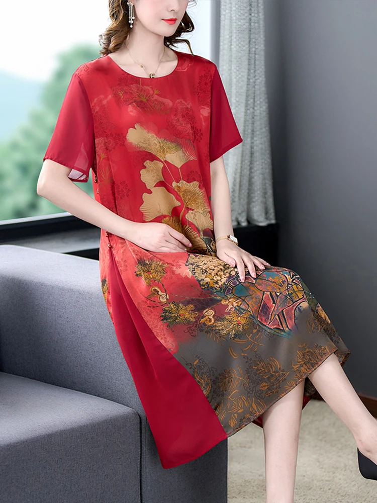 2024 Red Silk Floral Luxury Wedding Dress Summer Short Sleeve O-Neck Loose Waist Dress Women Korean Vintage Elegant Party Dress