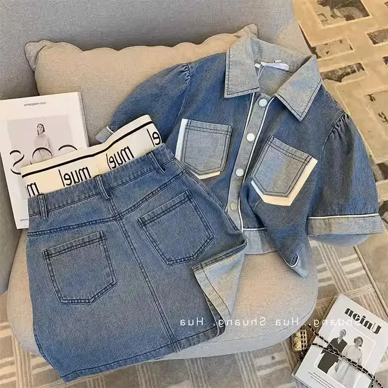 Denim Suit Summer 2024 New Women Clothing Short Sleeve Lapel Top All-Match Splicing Coat Skirt Two-Piece Set