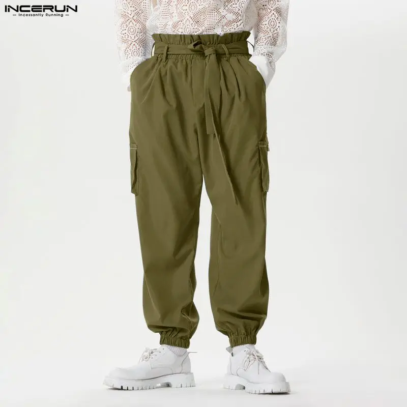 

INCERUN мужские брюки однотонные джоггеры на шнуровке повседневные брюки-карго мужская уличная одежда со свободными карманами модные мужские длинные брюки для отдыха