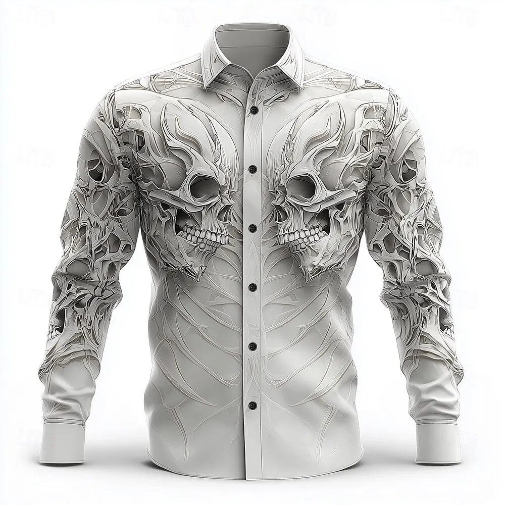 Hip Hop Skull Print Shirt Men Streetwear 2027 Long Sleeve Tops Urban Trendy Graphic Tee Shirt Casual Loose Fit Gothic Clothing