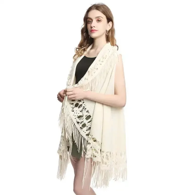 Spring Autumn New Women Loose Tassel Sweater Multi-purpose Scarf Cardigan Thin Jacquard Shawl Coat Lady Cloak White