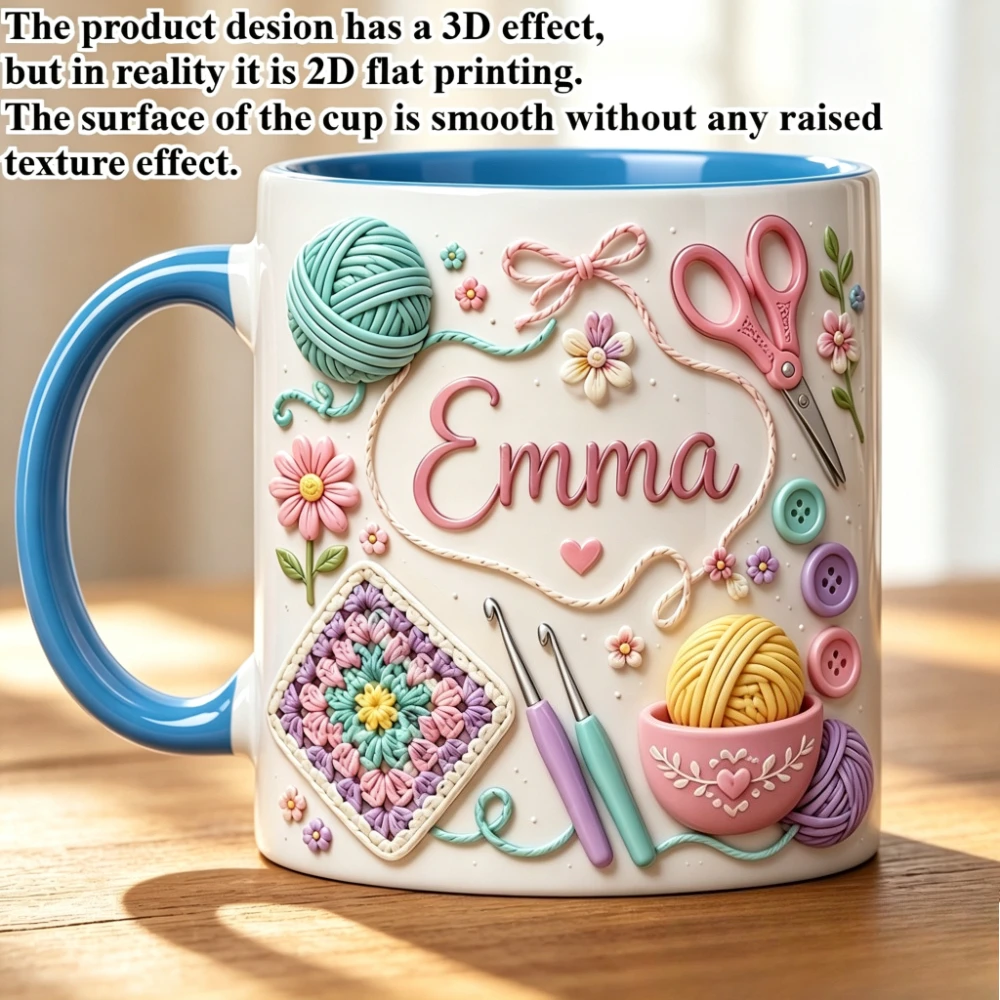 Personalized Crochet Mug Custom Name Text 2D Print Ceramic Coffee Cup for Home Office Hand Wash Only Gift for Knitter