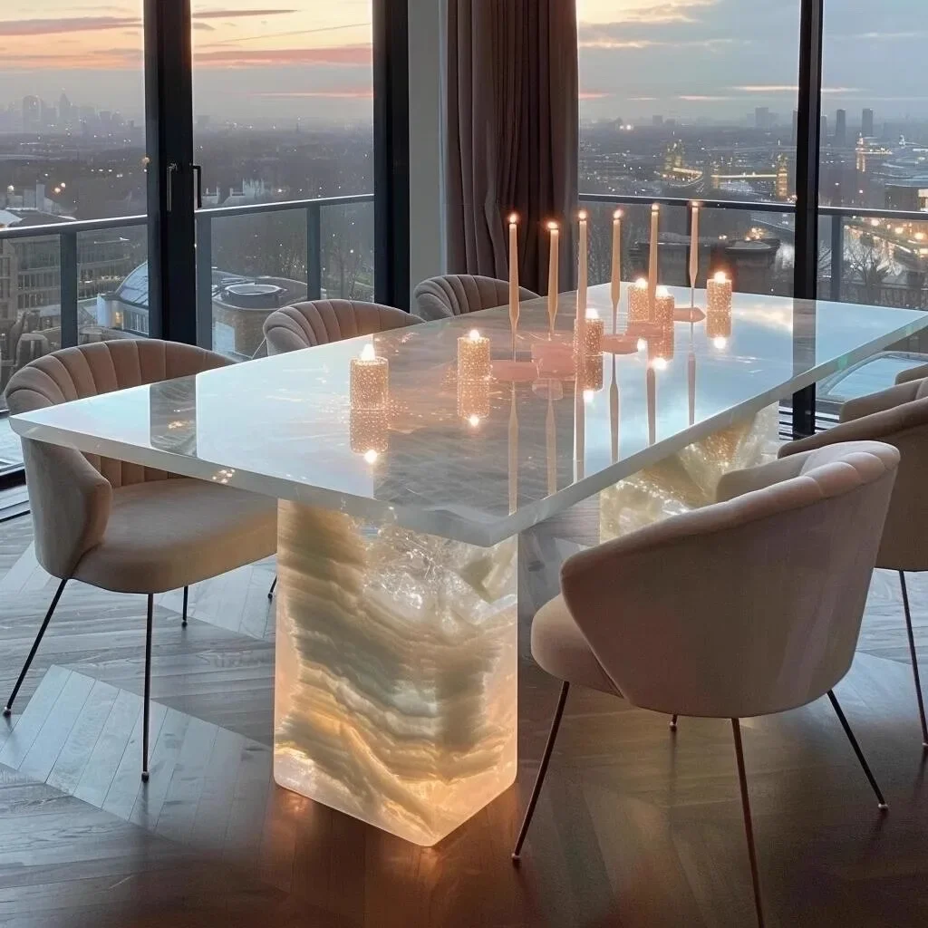 Luminous jade dining table Natural luxury stone rectangular pink island white jade light luxury high-end marble dining table