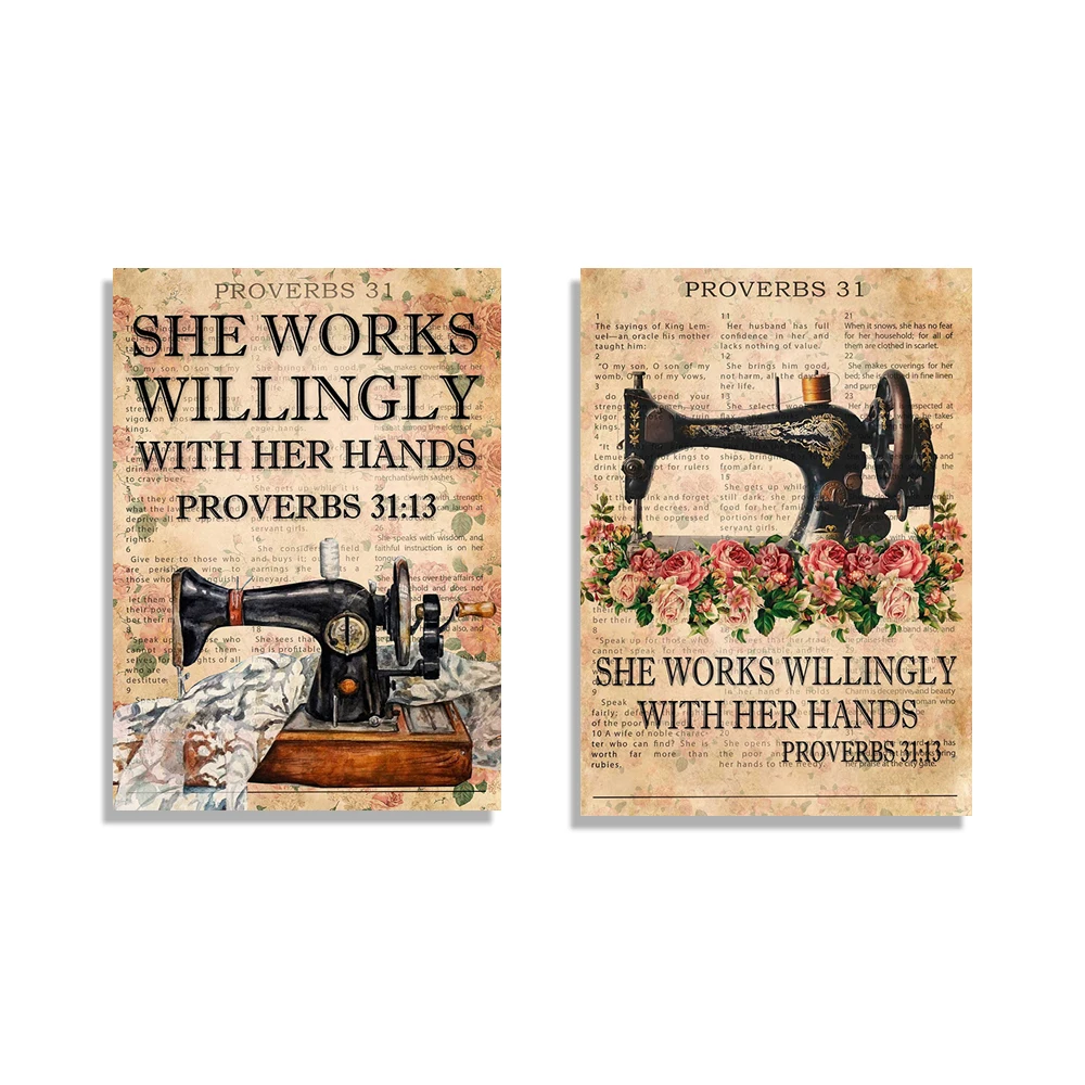 Love sewing poster, she willingly works with her hands poster, vintage sewing poster, sewing lover gift, sewing room decoration