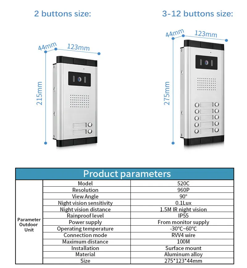 4-Wire Video Intercom System Outdoor Unit with 2-12 Households Aluminum Alloy Doorbell 960P IP55 waterproof 90° View Angle