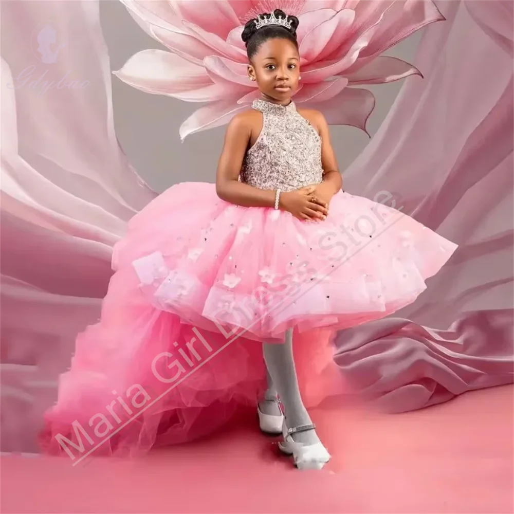 

Pink High Neck Without Sleeves Flower Girl Dresses For Wedding Customized Detachable Train Party Gowns Girls Birthday Dress