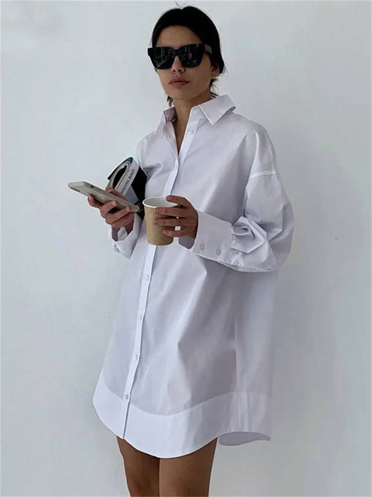

White Loose Fashion Shirts For Women See-Through Patchwork Cardigan Coat Lapel Slim Long Sleeve Oversized Blouse Shirt