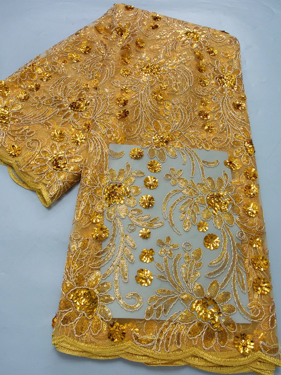 Luxuriöser Goldener Pailletten-Blumen-Netzstoff, Französische Netzspitze, Afrikanischer Stil Hochzeitskleid-Material