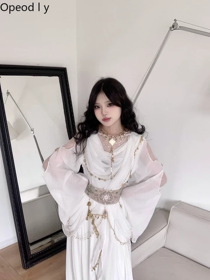 

Original Lolita Women's Greek Style White Dress Spring New Gothic Subculture Temperament High Waist Long Dress with Waist Seal