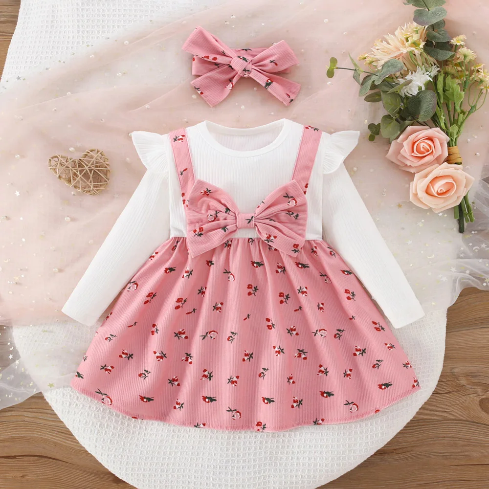 Spring and Autumn New 2/piece Long Sleeve Girls\' Dress with Printed Headband Female Baby Long Sleeve Splicing Bow Strap Dress