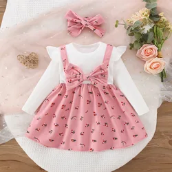 Spring and Autumn New 2/piece Long Sleeve Girls' Dress with Printed Headband Female Baby Long Sleeve Splicing Bow Strap Dress