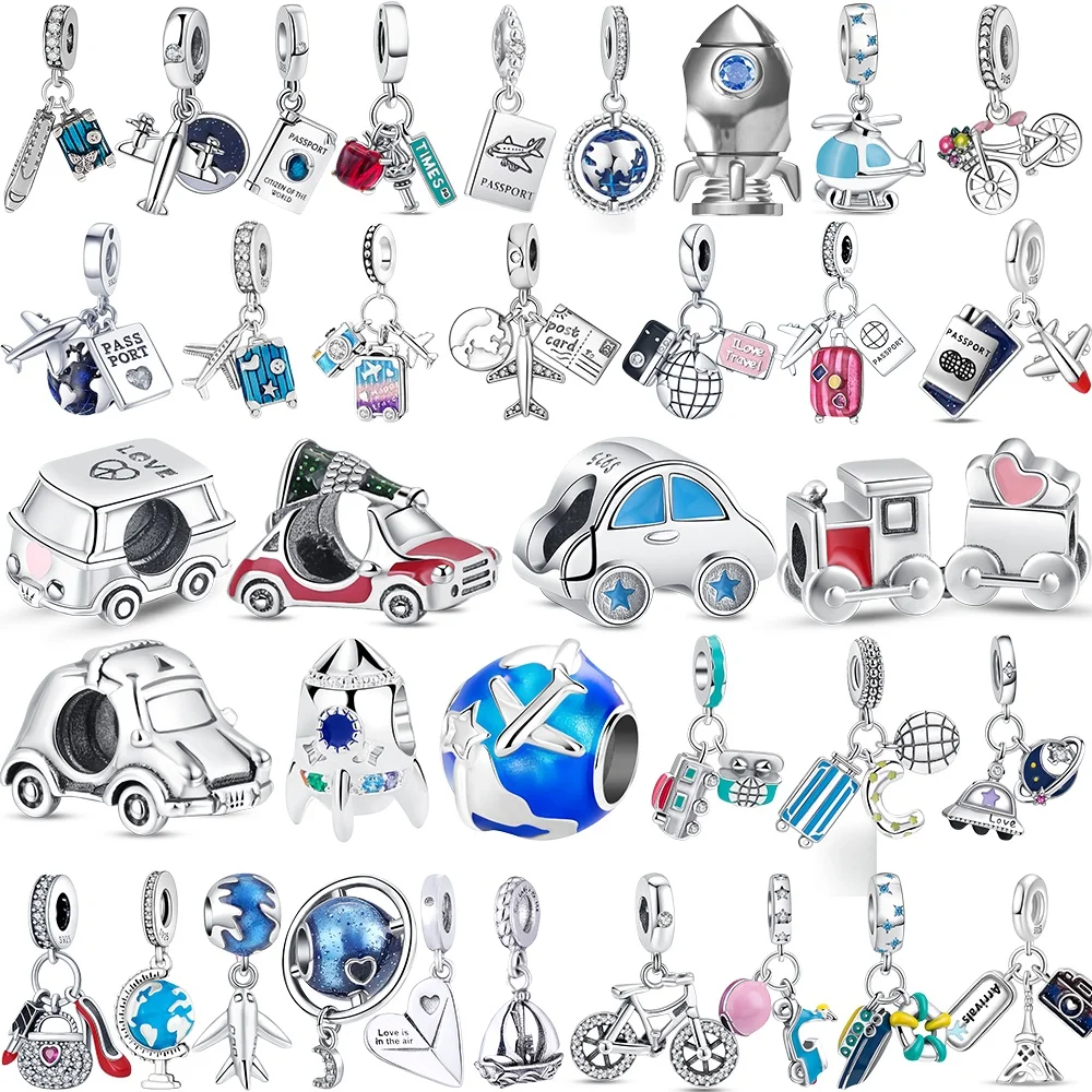 925 Sterling Silver Original Airplane Earth Suitcase Pendant DIY Charms Bracelet Accessories Bead Women Surprise Jewelry Gift