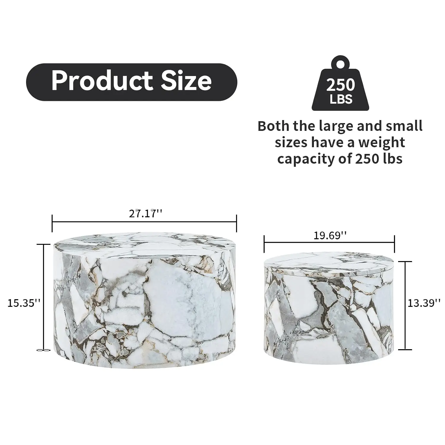 Round Nesting Coffee Tables Set of 2 White Marble Top Metal Frame Living Room 27.1in & 19.7in, Customized