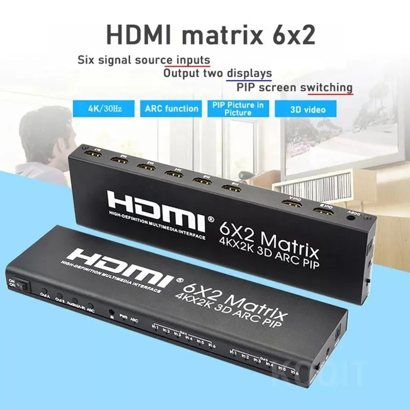 6 x 2 HDMI PIP Matrix Switch 6 In 2 Out 4K 60Hz HDMI Matrix Switcher 6x2 ARC Audio