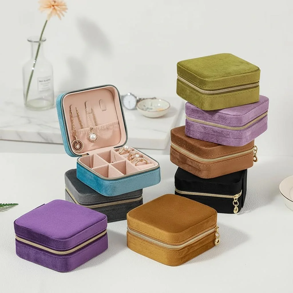 Velvet Jewelry Box For Women Necklace Ring Earrings Organizer Holder Travel Portable Zipper Square Jewelry Storage Case