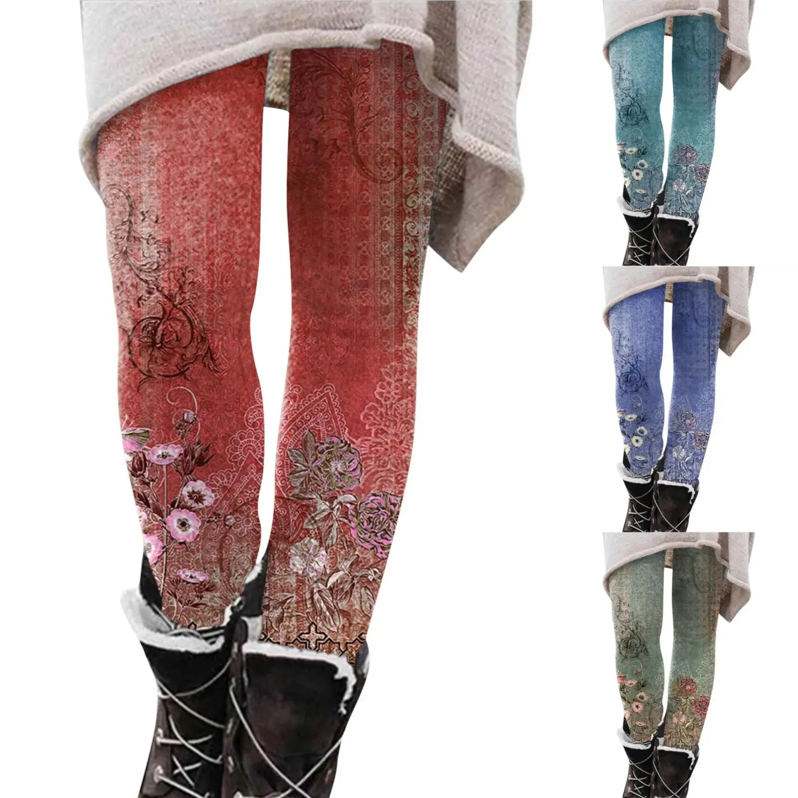 Fashion Women's Slim Retro Printed Bottom Pants Fall And Winter Inside Leggings for Women 7/8 Leggings for Women in Winter