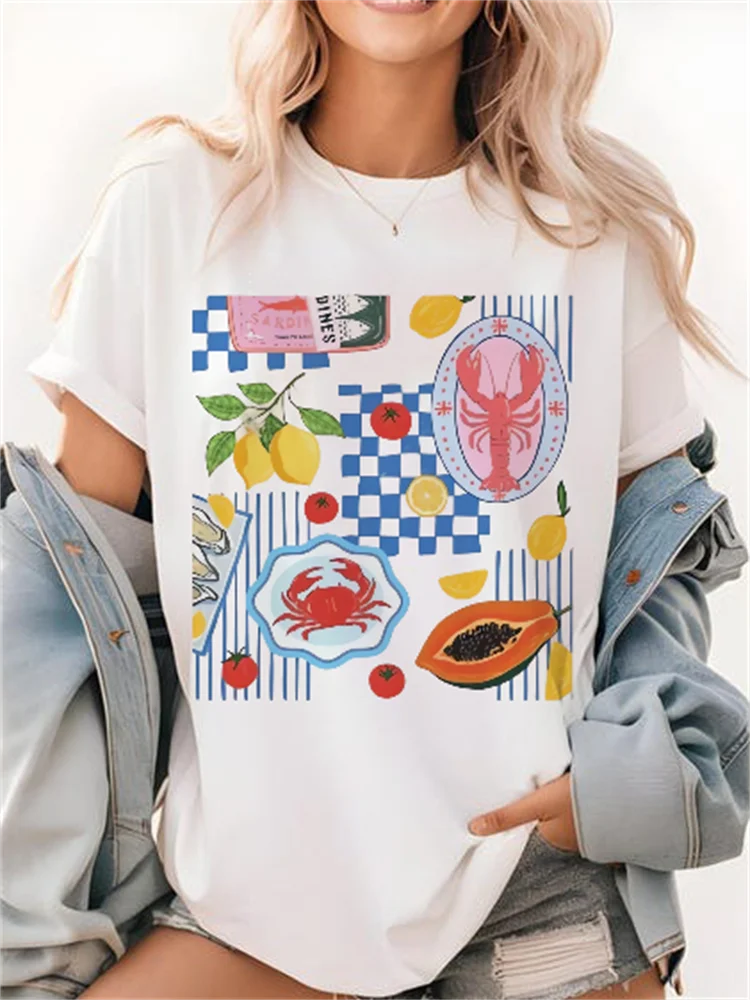 Fruit and Seafood Pattern Printed Women's T-Shirt Printed Street Vacation Trend Short Sleeved Cute Casual Summer Travel Top