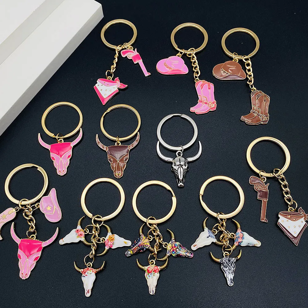 New Western Cowboy Style Keychain Pink Cowgirls Cowhead Hat Boots Pendant Keychains for Women Bag Men Car