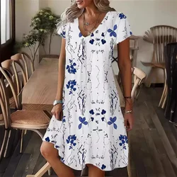 Summer Floral Women Dress Fashion Casual Boho Beach Sundress Short Sleeve V-neck Sexy 3D Print Loose A-Line Dress Femme Vestidos