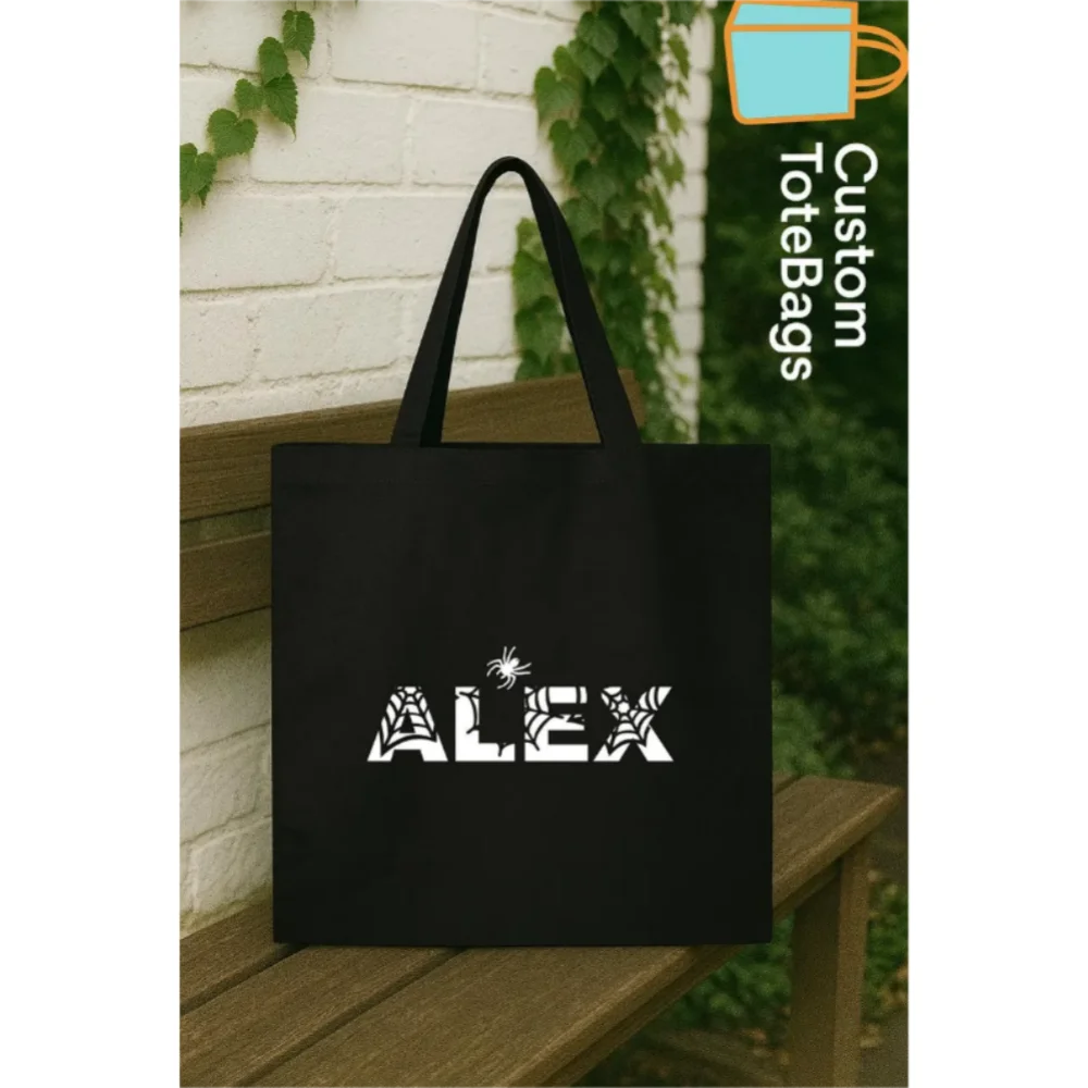 حقيبة حمل مخصصة للهالوين مع الاسم، حقيبة أطفال على شبكة العنكبوت، حقيبة خدعة أو علاج مخصصة، حقيبة اسم مخيف، هدية الهالوين للأطفال