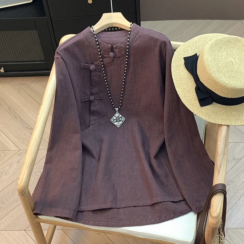 ربيع جديد Sle فضفاض طويل Sve القطن الكتان irt الرجعية زر الوقوف طوق الجانب زلة الشاي زي تي شيرت لون نقي العصرية