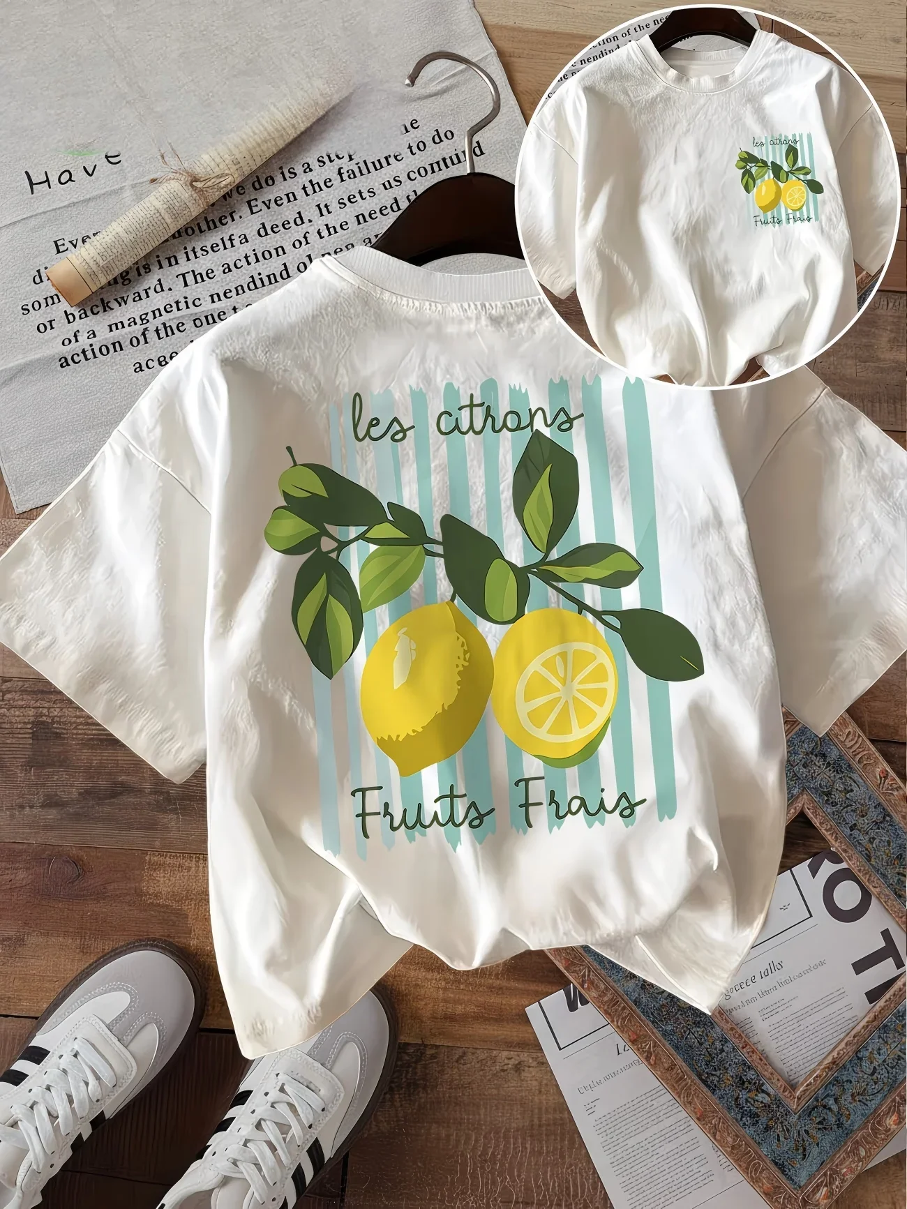 Les Citrons Lemon Graphic T Shirt Women Fruits Frais Print Tee Summer Casual Retro Aesthetic Harajuku Style Fashionable Girl Top