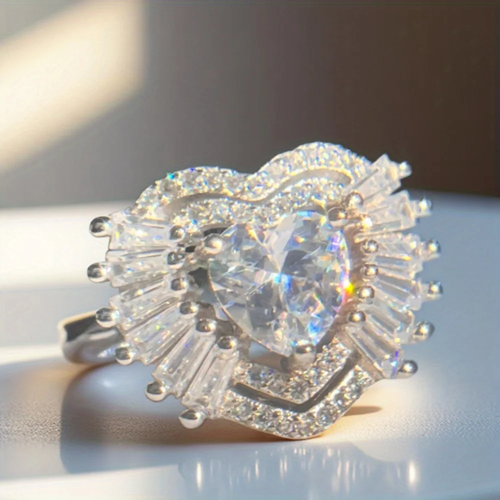 1 Pc Shiny Heart Ladies Fashion Flower Cube Zirconia Ring Bohemian Ring Ladies Wedding Party Banquet Cocktail Ring High Fine Jewelry Ladies Everyday Jewelry Girls Fashion Items Good and Cheap Gift for The Girl