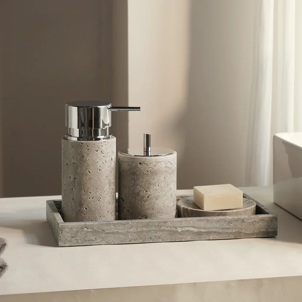SAIDKOCC Multiple Combinations Silver Gray Travertine Stone Nature Marble Empty Bathroom Toiletries Set Wabi Sabi Amenities Kit
