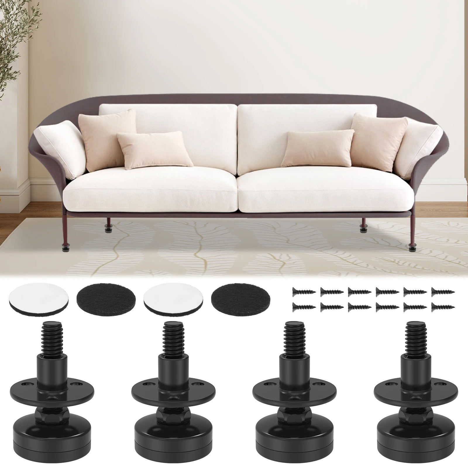 4Pcs Heavy Duty Furniture Leveling Feet 3/8 Inch Adjustable Thread Levelers with T-Nut Felt Pads for Workbench Table Cabinet Leg