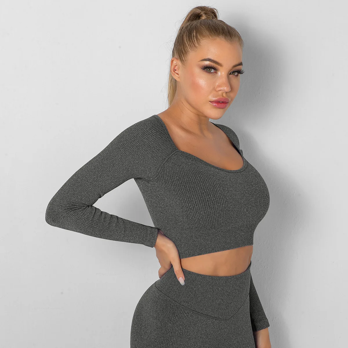 Ribbed Seamless Women Sports Bra Shockproof Crop Top Gym Shirt Long Sleeve Fitness Yoga Top Running Sport Tops Short Sleev