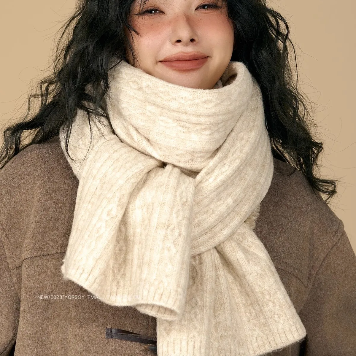 Soft Cream Solid Cable Knit Scarf Unisex Thick Warm Winter Yarn Neck Wrap Vintage Preppy Style Scarves for Women Men Students