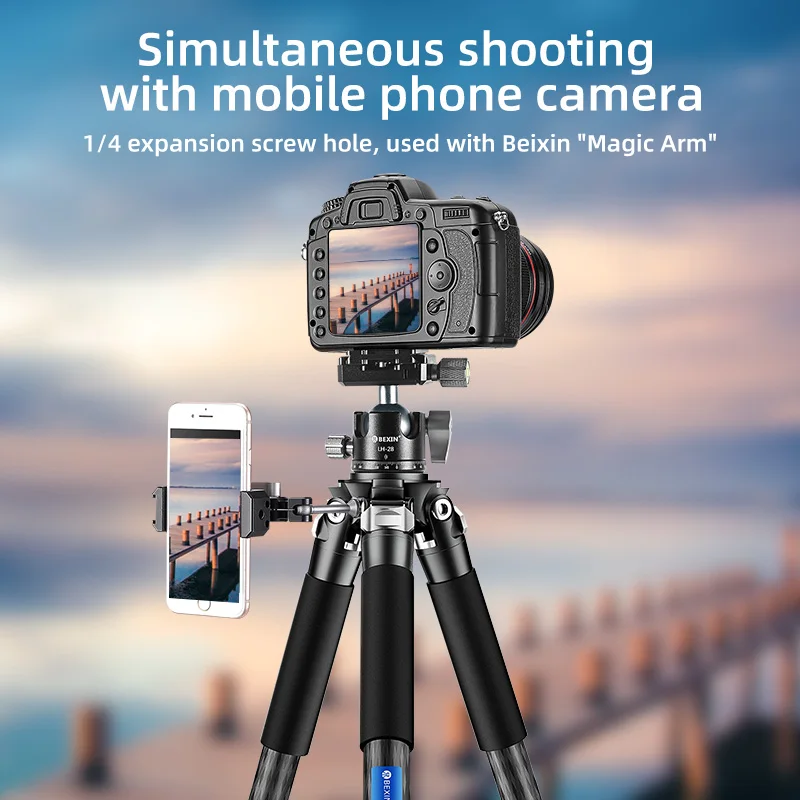 BEXIN-Professional Heavy Duty DSLR filmadora de vídeo, telescópio, suporte do telefone móvel, leve, fibra de carbono, Compact Hunting Tripé