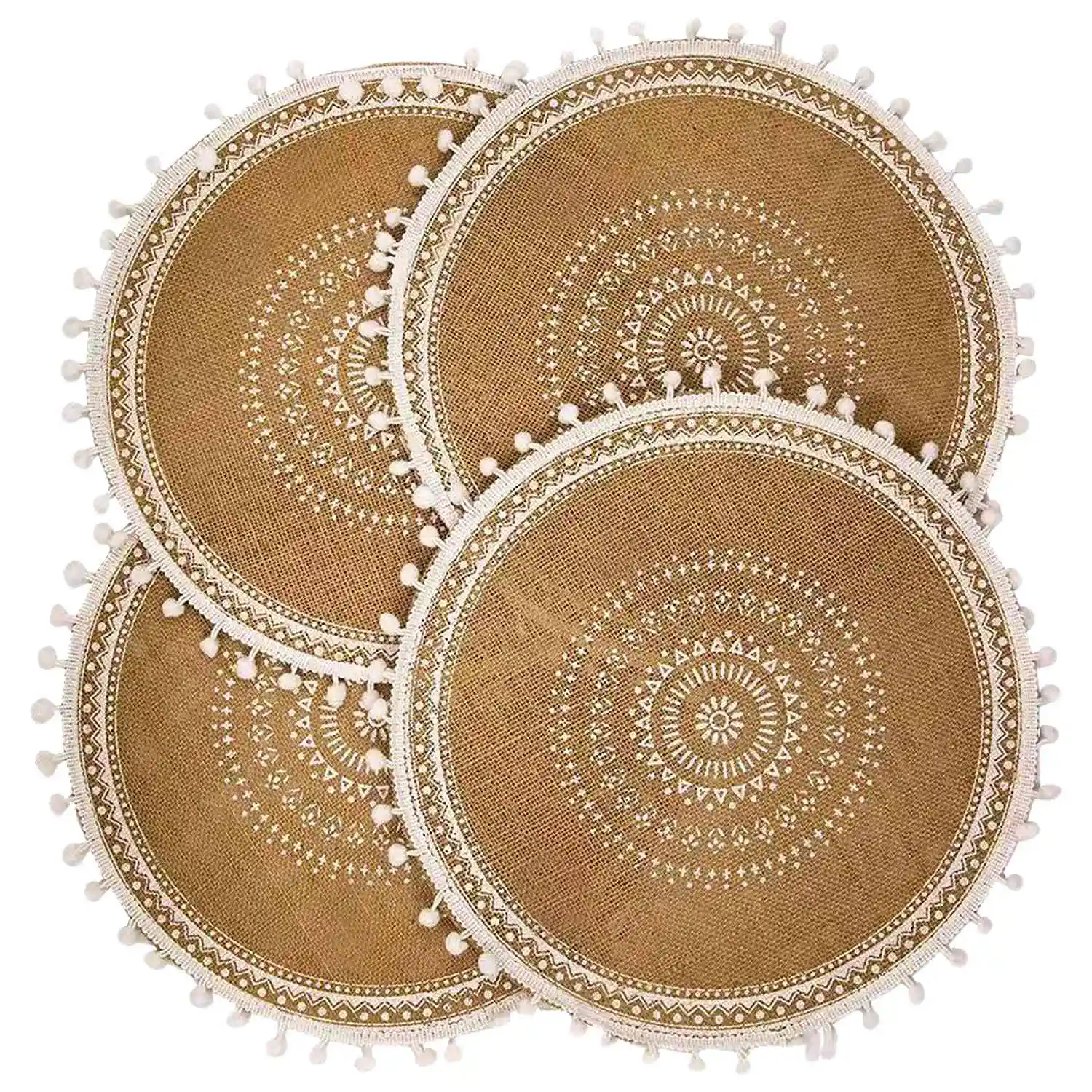 Round Placemats Set of 4,Boho Woven Jute Table Mats with Pompom Tassel for Dining Room Kitchen Table Decor(White Ball)