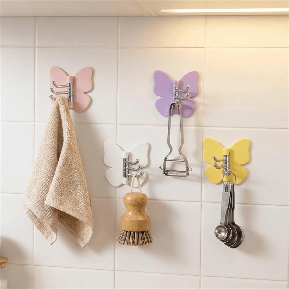 4PCS Plastic Rotating Butterfly Wall Hooks Self Adhesive Wall Mounted Butterfly Triple Hook Decorative Space Saving