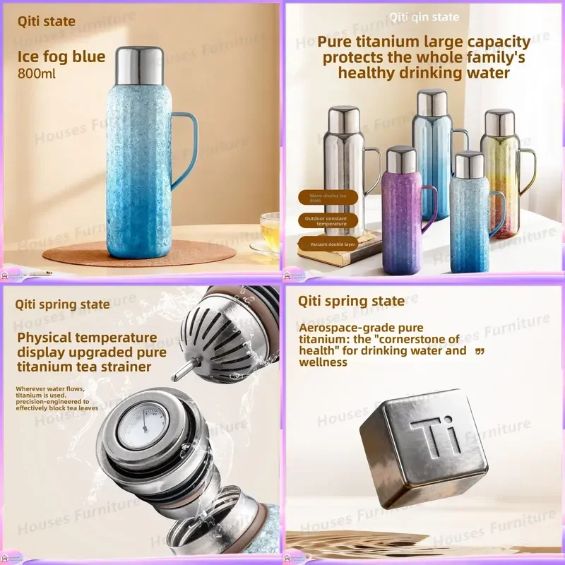 Pure Titanium Thermos Bottle 800ml Vacuum Insulated Flask Keep Hot Cold 24h Portable Travel Mug Outdoor Camping Tea Water Cup