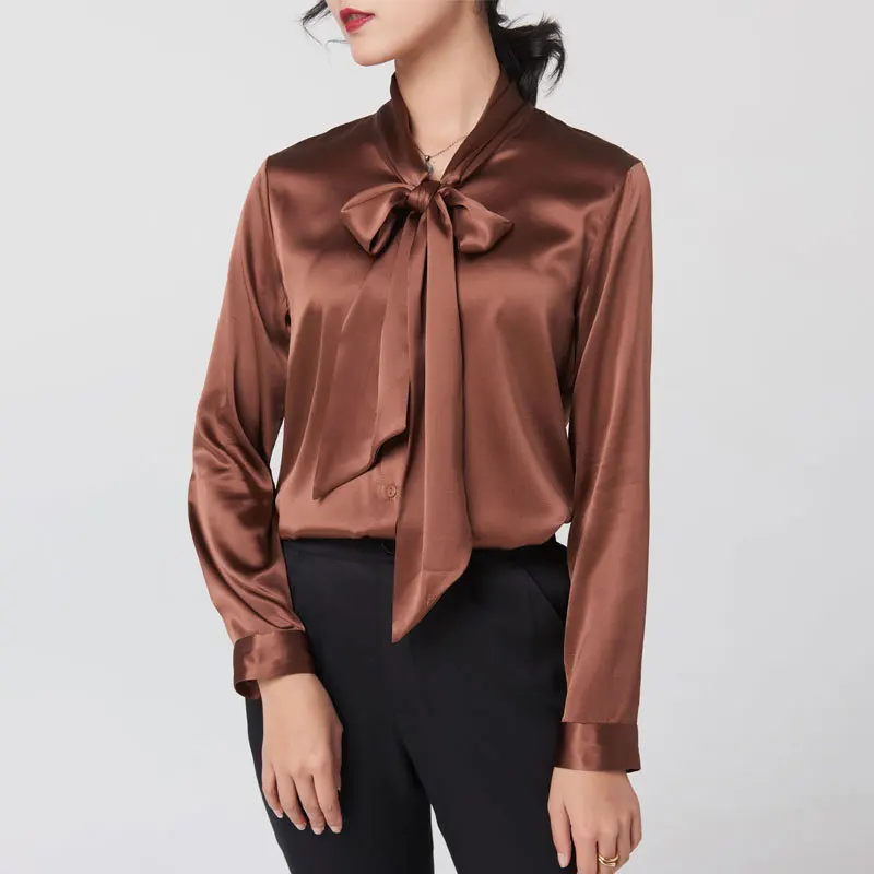 Heavyweight Mulberry Silk Shirt Women\'s 2024 Spring And Autumn New Long Sleeve Satin Silk Blouse V-neck Bow Ribbon Shirt