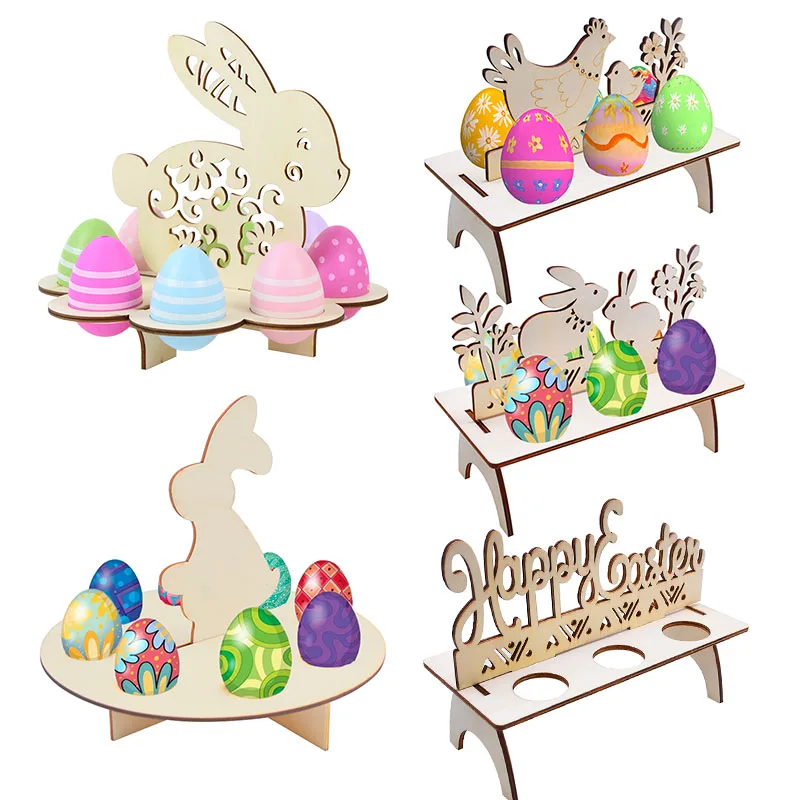 

Wooden Easter Eggs Stand Shelve Easter Party Ornament DIY Wood Chick Bunny Pattern Holder Tray Rack Happy Easter Home Decoration