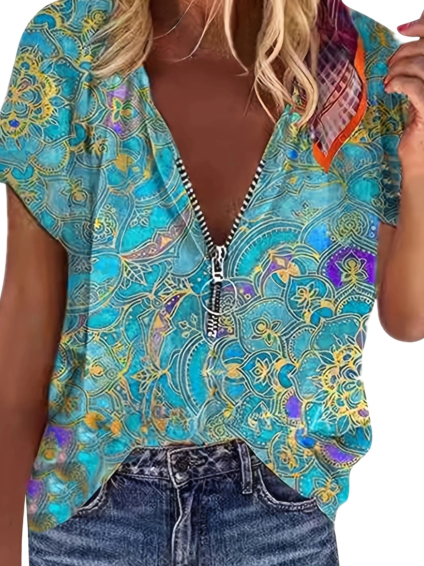 Top con cremallera y estampado de manga corta para mujer, moda