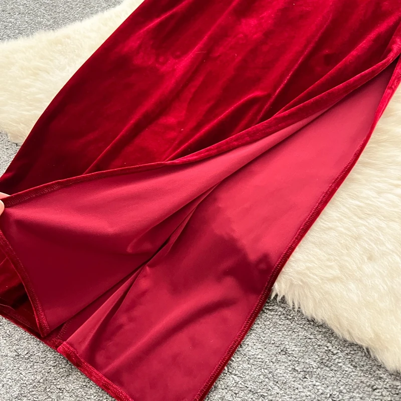 French High-end Heavy Industry Sequin Embroidered Bead Round Neck Long Sleeved Women's Velvet Dress