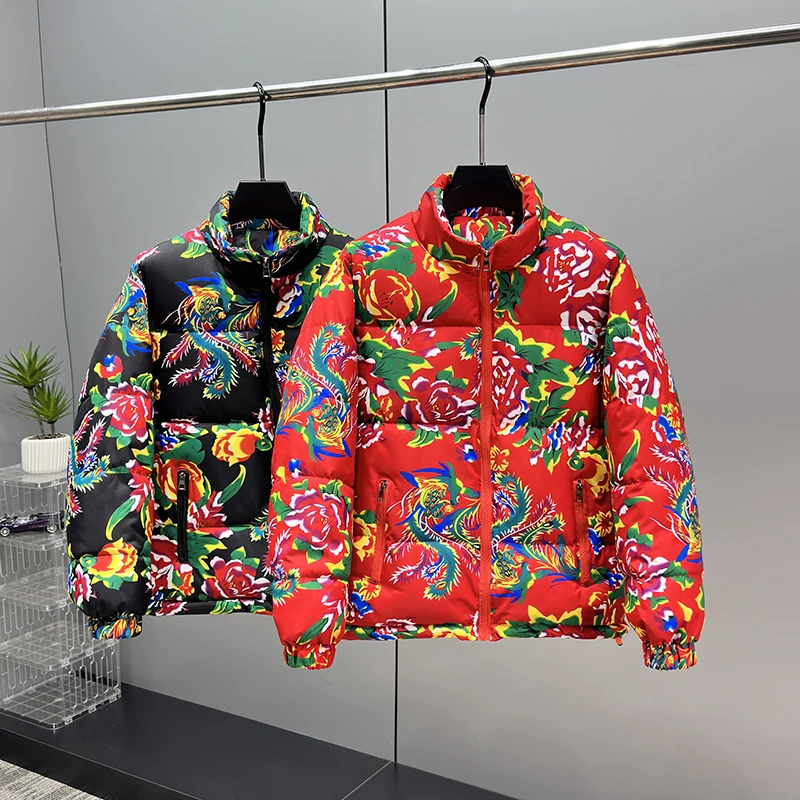 

New 2025 Thiened Cotton Jaet for Men Couple Winter Coat Northeast Big Flower Design Peony Pattern Youth Faion Polyester...