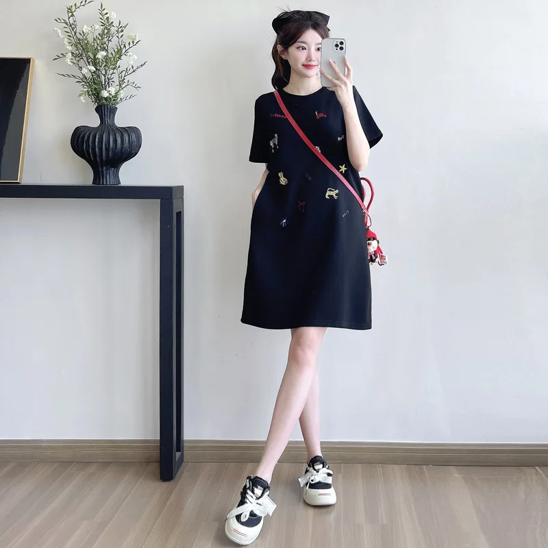 Maternity Dress Summer Simple Versatile Loose Slim Cute Breathable Comfortable Dog Embroidery T Shirt Dress for Pregnant Women