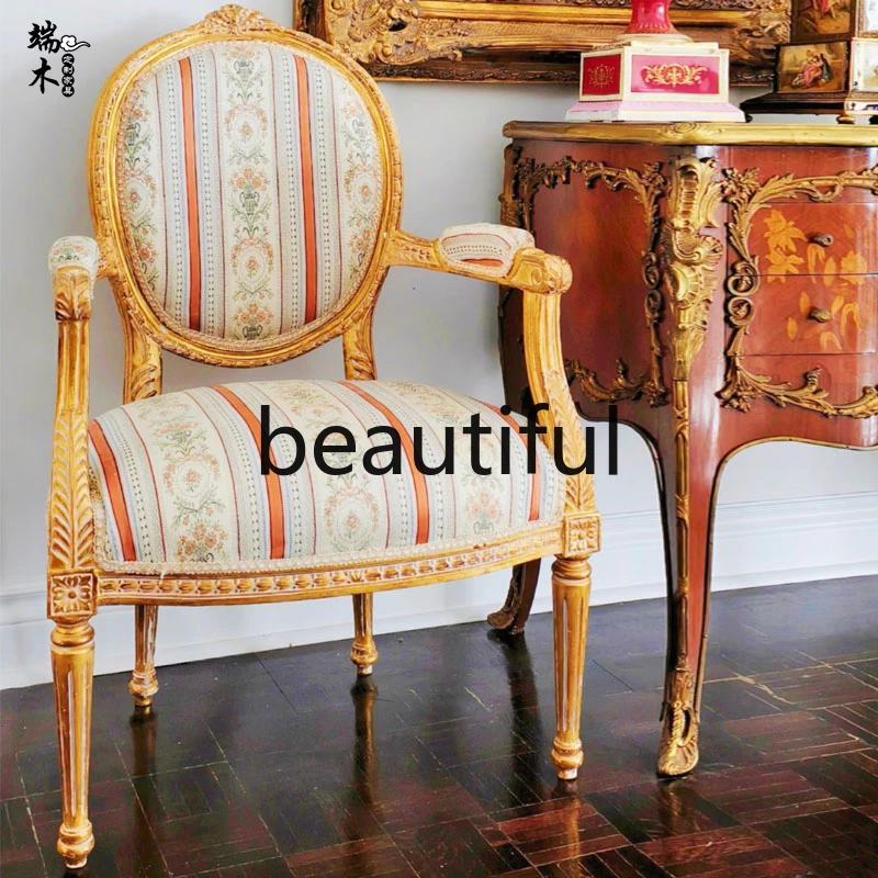 

French luxury solid wood dining chair fabric carved armrest back chair living room balcony leisure negotiation chair sofa