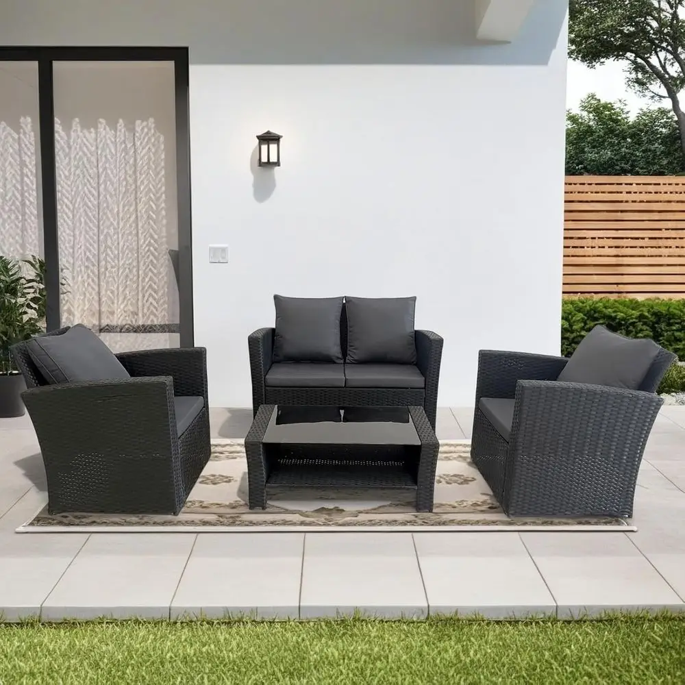 

All-Weather Wicker Outdoor Sectional with Tempered Glass Table and Cushioned Sofa in Black-Gray