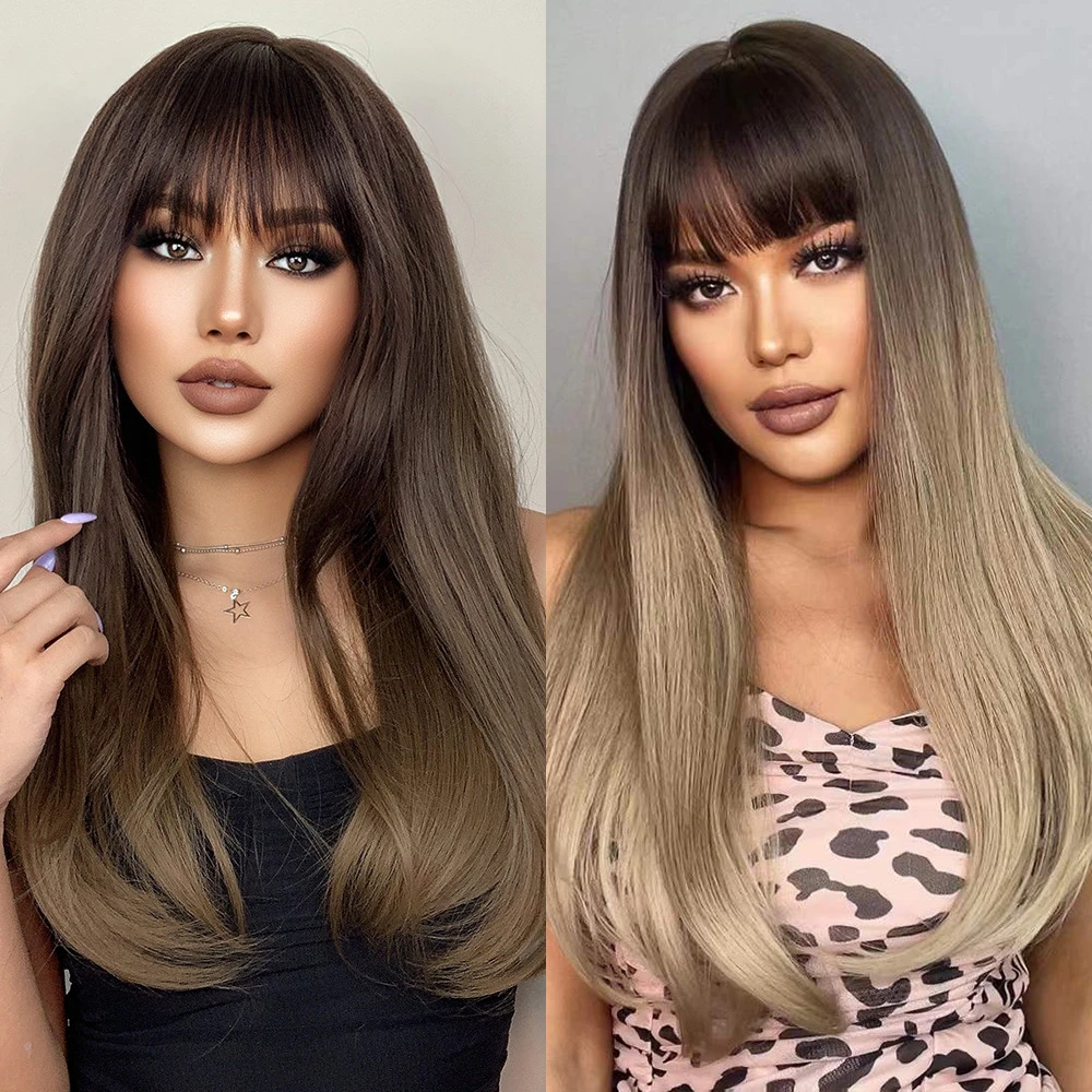 

Natural Fanshion Long Straight Ash Brown Blonde With Bangs Daily Party Use Wigs