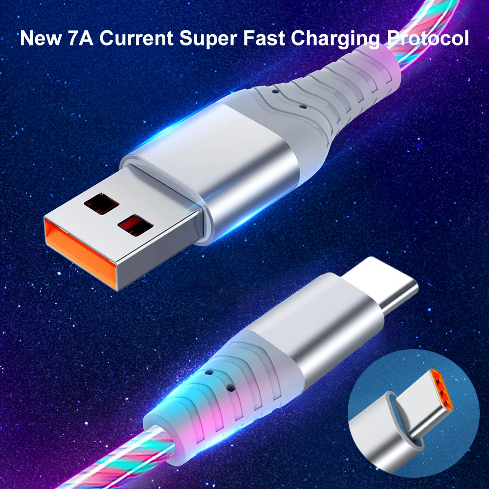 MVQF  New 120W 7A Flow Luminous USB Type C Cable for Huawei P50 Honor  Fast Charging USB C Charger Data Cable for Xiaomi Samsung