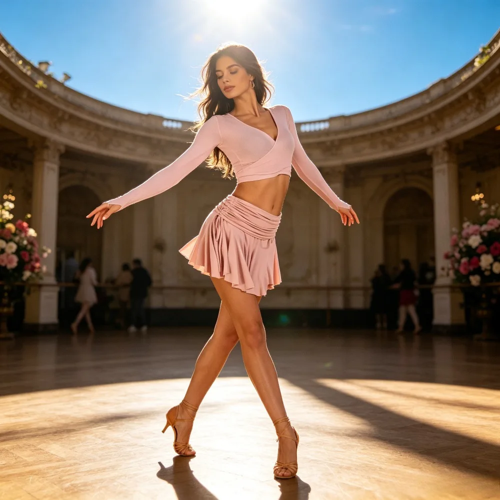 

New Latin Dance Skirt with Drawstring&Ruffle Hem,Women Dance Costume with Short,Modern Dance Wear for Daily Practice&Competition