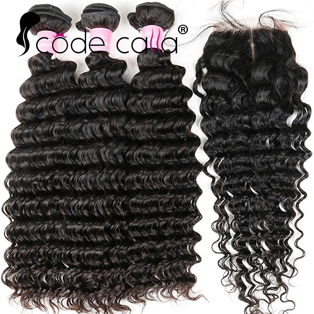 Bundles de cheveux humains brésiliens Deep Wave, 100% cheveux humains, cheveux Remy noirs naturels, bouclés, 3 faisceaux