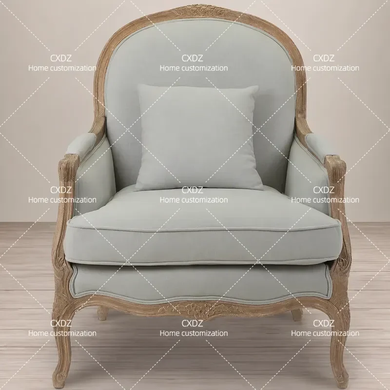 French Solid Wood Carved Floral Single Sofa Chair American Retro Living Room Bedroom Leisure Armchair Vintage Fabric Tiger