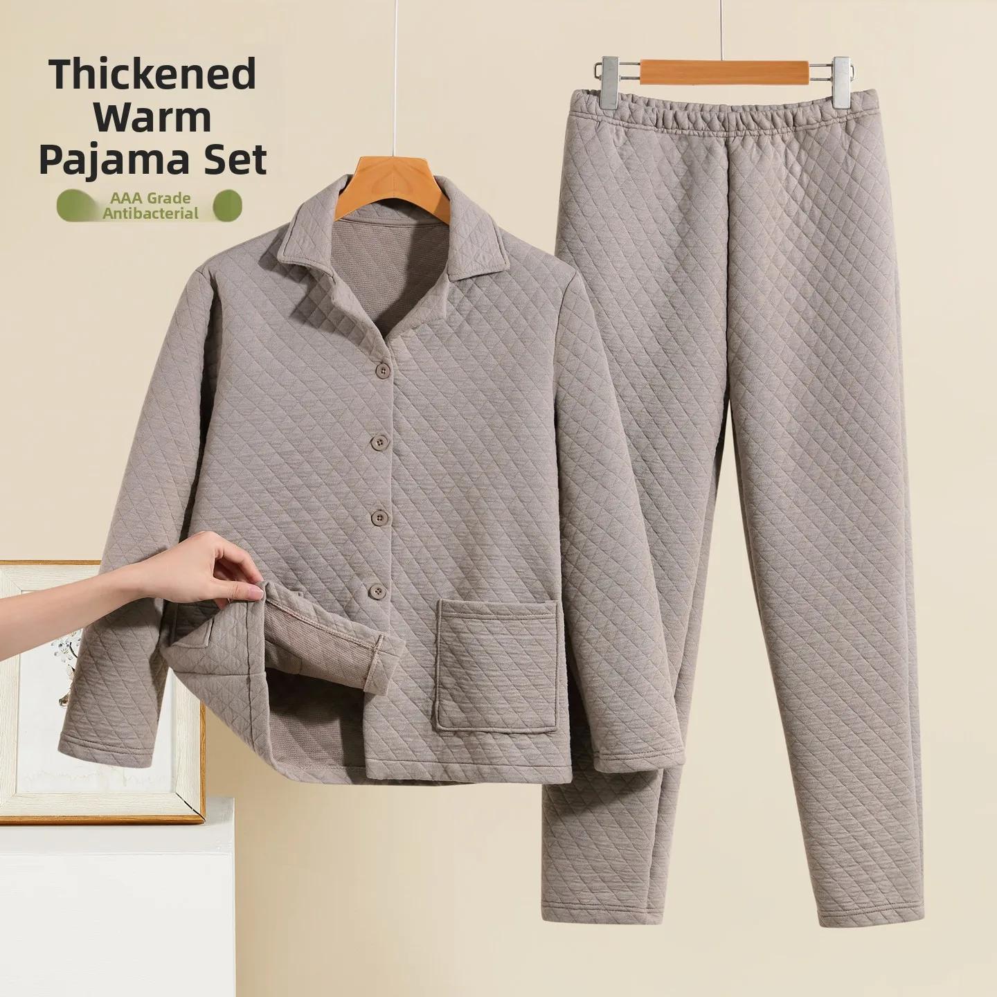 Men's Warmth-Preserving Long Pants Sleepwear Set Thickened Winter Home Clothes V-Neck Two-Piece Suit for Middle-Aged And Elderly
